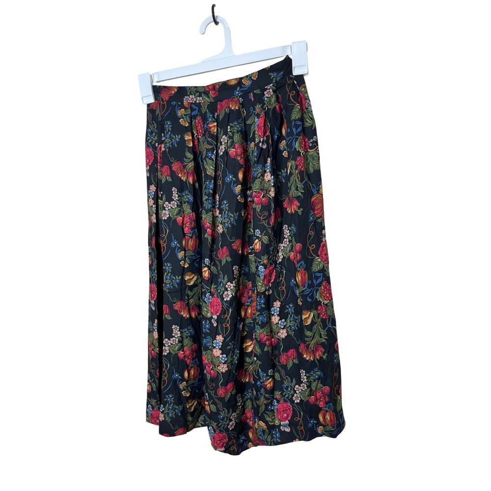 Vintage Susan Bristol Petite Pleated Floral Midi Skirt Size 4 Black Red Blue